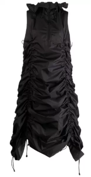 Black Sleeveless Half-Zip Hooded Ruched Dress