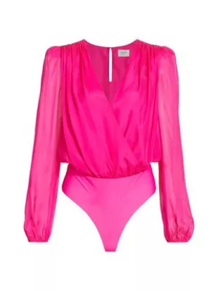 Cami NYC Isa Pleated Surplice Bodysuit In Neon Pink worn by