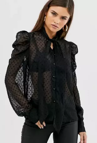 Y.A.S - Pussy Bow Polka Dot Sheer Blouse with Puff Sleeve