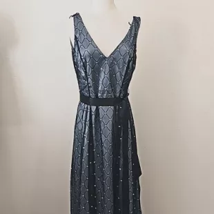 Papell Boutique Evening Gown 8P Black Blue Mesh Metallic Chevron Overlay A-Line  | eBay