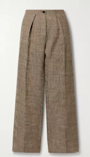 Pleated Checked Linen Blend Wide Leg Pants