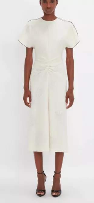 Gathered Waist Midi Dress in Cream