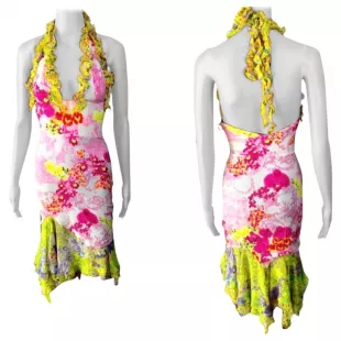 Floral Print Ruffle Plunging Neckline Low Back Dress
