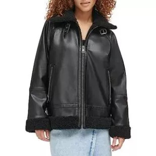 Women's Faux Leather Relaxed Aviator Jacket, Black