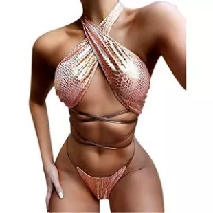 Sexy Criss Cross Halter Bikini Set Holographic Snakeskin Print Bathing Suit