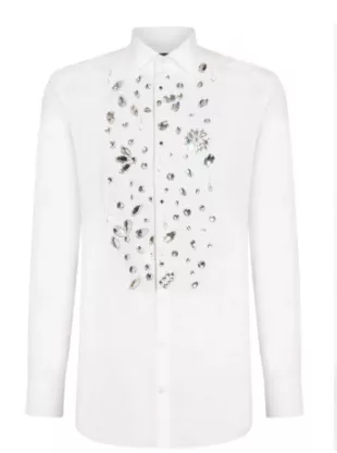Dolce & Gabbana - White Crystal Embellished Tuxedo Shirt