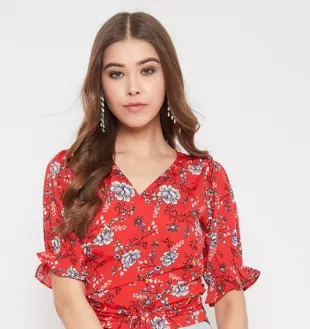 Red Floral V-Neck Blouse Top - Small – Le Prix Fashion & Consulting