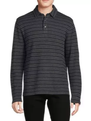 KNIGHTS BRIDGE terry cloth long sleeve striped polo shirt, men's size XL polyester Charcoal Vintage Second Hand