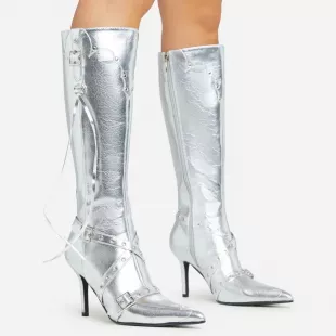 Gunner Eyelet Buckle Detail Pointed Toe Stiletto heel Knee High Long Boot in Silver  Faux Leather