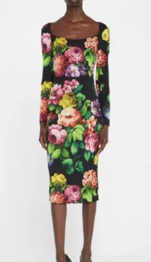 Floral Print Long Sleeve Stretch Silk Satin Midi Dress