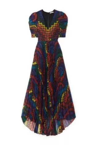 Alice + Olivia - Haven Peacock Print Pleated Chiffon Maxi Dress Pleated Gown  New