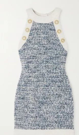 Embellished Fringed Denim-tweed Mini Dress