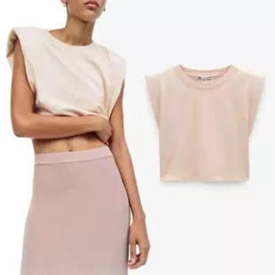 Zara - Shoulder Pad Shirt Minimalist Cropped Top Peach