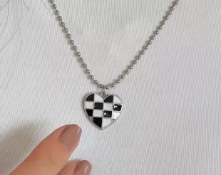 Black and White Checkered Heart Silver Ball Chain Necklace