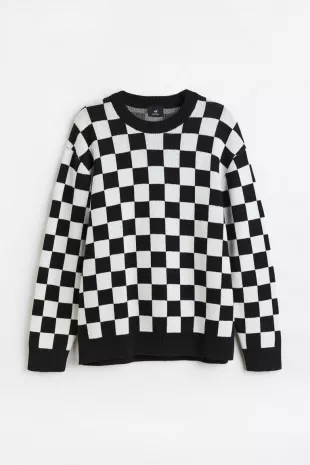 Oversized Fit Cotton Sweater - Black/White check