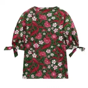 Pink & Green Floral Cotton Bow Tie Puff Sleeve Cropped Top