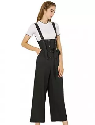 High Waist Wide Leg Belted Jumpsuit Button Long Overalls