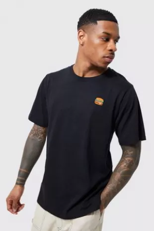 boohooman - Mens Black Burger Embroidered T-Shirt