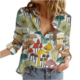 Summer T-Shirt for Women Cute Mushroom Print Pattern Turndown Collar Casual Short Sleeve Button Down Loose Top Blouse