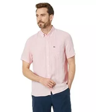 Lacoste Contemporary Collection's Men's Short Sleeve Regular Fit Linen Casual Button Down Shirt with Front Pocket, Flamingo, Medium
