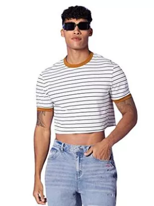 Men's Striped Print Short Sleeve Contrast Binding T Shirt Crop Top