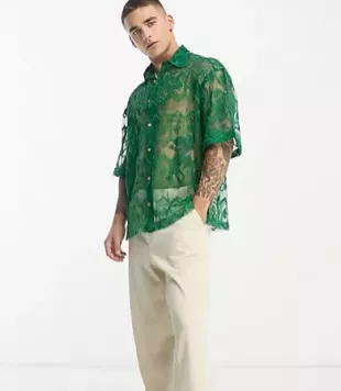 Boxy Oversized Shirt With Embroidered Aztec Print In Green