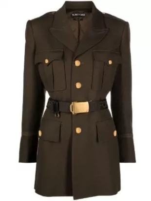 Single-breasted Belted Wool-blend Jacket in Khaki