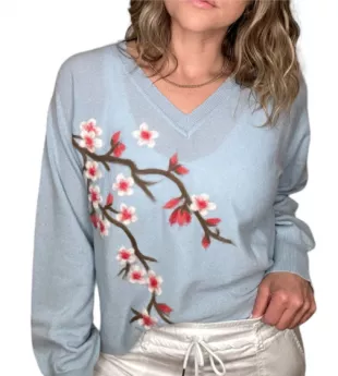 Cashmere V-Neck Cherry Blossom Sweater Baby Blue
