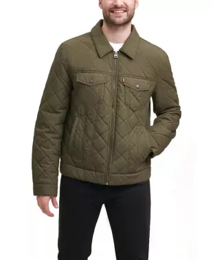 Men's Diamond Quilted Cotton Trucker Jacket In Olive