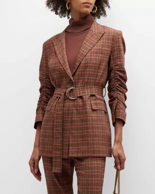 DEREK LAM 10 CROSBY - Harrison Plaid Gathered-Sleeve Blazer