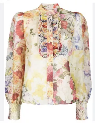 Spliced Multi Floral Wonderland Floral-Print Silk-Linen Blend Top
