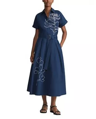 Cotton Embroidered Belted Midi Dress