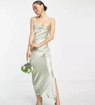 Petite Bridesmaid cami maxi slip dress in hi-shine satin with lace up back in sage-Green