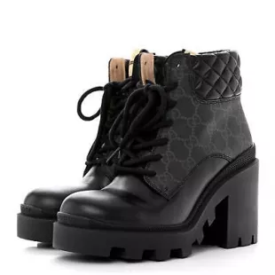 Trip GG Logo Canvas Quilted Leather Combat Ankle Boots Heels Shoes