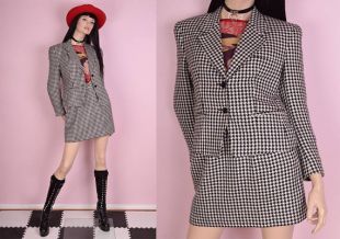des années 90 noir et blanc costume pied de poule / US 6 / 1990 s / deux pièces / veste / jupe