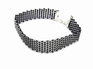 CC1736E   Collier Choker Ras du Cou Bande Ajourée Fils Noir Ornés de Strass Argenté