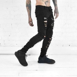 Men's Black Skinny Slim Fit Jeans Distressed Ripped Destroyed Holes Denim Pants | eBay