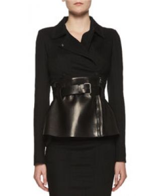 Belted Leather Peplum Wrap Jacket