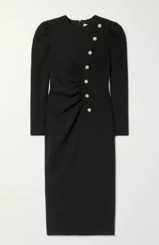 Ruched Embellished Wool-Blend Crepe Midi Dress