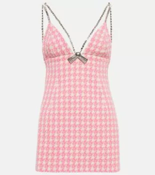 Checked Crystal-trimmed Wool-blend Minidress In Pink Multi