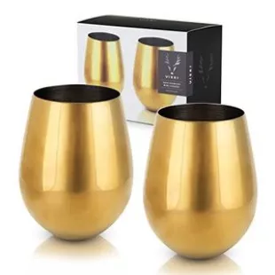 Gold Wine Glasses, Stemless Wine Glass Set, Stainless Steel with Gold Finish, 18 Ounces, Set of 2, Gold