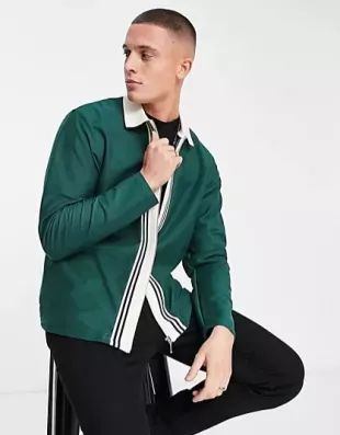 Premium Zip Long Sleeve Polo with Contrast Panel in Green