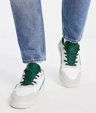 Faux Leather Trainers in White and Green Mix