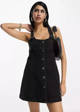 Denim Pinny Dress with Button Through in Black