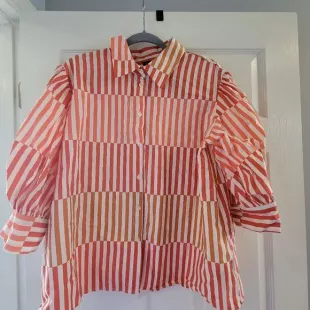 Red Orange Striped Puff Sleeve Button-Up Shirt