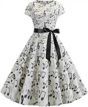 Cap Sleeves Music Note Print 1950s Vintage Swing Dress