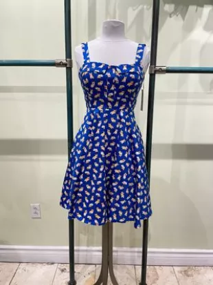 Blue Corgi Print Pinup Tie-Back Fit And Flare Dress With Pockets