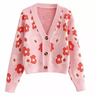 Vintage Pink & Red Daisy Cardigan