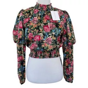 Dutchess Smocked Puff Sleeve Floral Print Top In Black Rose Garden Small
