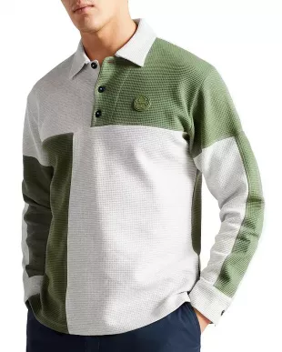 Wickam Cotton Textured Waffle Knit Color Blocked Long Sleeve Polo Shirt